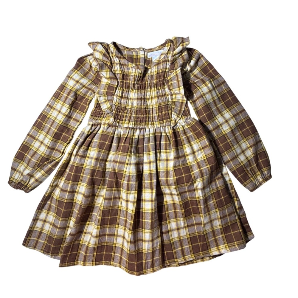 Nannette Kids Plaid Dress Girls Size 5 Brown Yellow New Smocked Ruffle Cotton